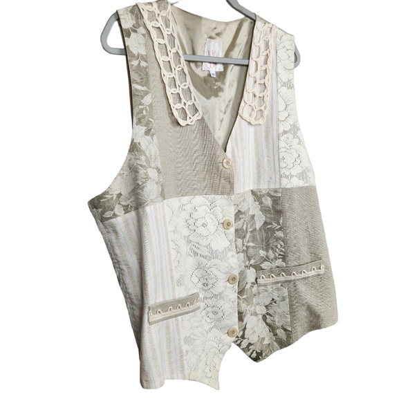 Rag Retro Vintage Quilted Patchwork Lace Burlap Vest Women's Size 1X - Picture 2 of 8